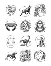 Zodiac Constellation Signs. Astrological Symbols. Illustrations Of Horoscope. Magic Female Characters, Boho Design. Hand Drawn Engraved Old Monochrome Sketch.