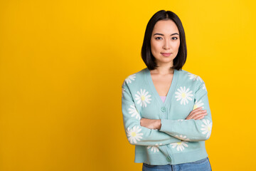 Poster - Photo of successful serious lady wear stylish print outfit stand near empty space ad banner isolated on yellow color background