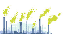 Industrial Pipes With Green Toxic Smoke In Flat Style Isolated, Silhouette Of Industrial Zone With Factories And Pipes With Harmful Emissions Of Contaminated Air, Environmental Pollution