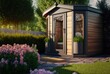 illustration of outdoor sauna cabin with nature green garden  Generative Ai