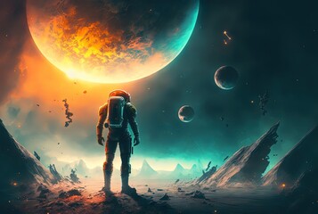 Wall Mural - close up astronaut with universe gradient color sky as background idea for sci-fi theme background o