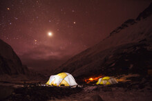 Campers At Night Underneath The Milky Way In Mount Everest, Nepal
