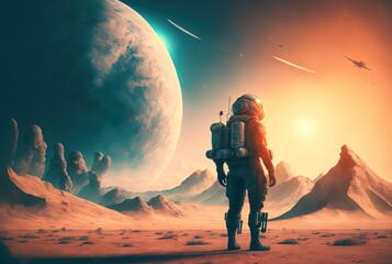 Wall Mural - close up astronaut with universe gradient color sky as background idea for sci-fi theme background o