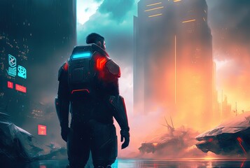 Wall Mural - an astronaut in spacesuit stand in front of big building background, idea for sci-fi cyber punk them