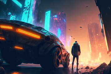 Wall Mural - a man with car stand in front of big building background, idea for sci-fi cyber punk theme , generat