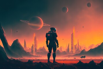 Wall Mural - an astronaut in spacesuit stand in front of big building background, idea for sci-fi cyber punk them