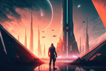 Wall Mural - an astronaut in spacesuit stand in front of big building background, idea for sci-fi cyber punk them