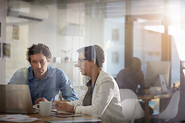 Poster - Collaboration, teamwork and idea with business people at laptop for digital marketing, web design and strategy. Coaching, training and review with employee for planning, global and vision in agency