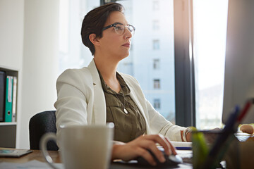 Aufkleber - Focus, office and business woman with computer typing online documents, website research and writing email. Corporate, networking and busy female employee at desktop with focus, planning and ideas