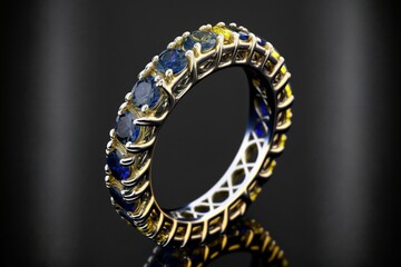 Wall Mural - Gold round cut blue sapphire and yellow diamond full eternity ring on black background created with generative AI technology