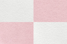 Texture Of Craft White And Light Pink Paper Background With Cells Pattern, Macro. Vintage Dense Kraft Rose Cardboard.