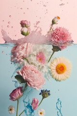 Wall Mural - Underwater creative love concept of fresh Spring flowers in water background. Love is in the water, happy Valentine's Day. Pastel blue background. Illustration. Generative AI.