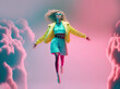 © Uncanny Valley - Pastel pink, bright colors creative portrait of a woman in a love costume in thick clouds and hearts. Illustration. Generative AI.