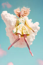 Pastel Pink, Bright Colors Creative Portrait Of A Woman In A White Love, Costume Made Of Thick Clouds And Hearts. Illustration. Generative AI.
