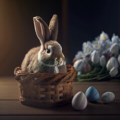 Wall Mural - Easter bunny, basket and eggs created with generative AI technology