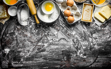 Wall Mural - Baking background. Ingredients for making dough at home.