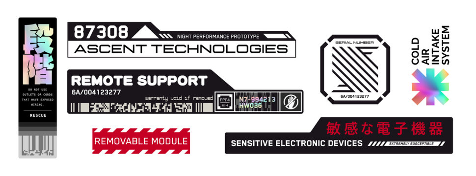 Cyberpunk stickers. Science fiction decals for futuristic design. Inscriptions and symbols. Japanese hieroglyphs for sensitive electronic devices, step.