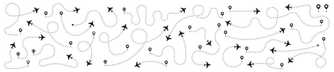 airplane routes set. plane route line. planes dotted flight pathway. plane paths. aircraft tracking,