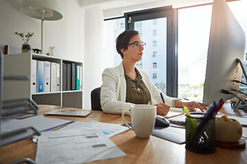 Aufkleber - Working, office and business woman with computer typing online documents, website research and writing email. Corporate, networking and busy female employee at desk with focus, planning and ideas