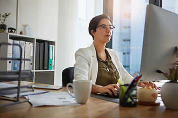 Sticker - Reception, computer and business woman in office typing online documents, website research and writing email. Corporate, networking and busy female employee at desk with focus, planning and ideas