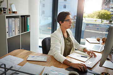 Aufkleber - Office, planning and business woman with computer typing online documents, website research and writing email. Corporate networking, and busy female employee at desk with focus, strategy and ideas