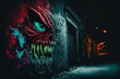 Colorful creepy graffiti on the wall in closeup view of street by night, Generative Ai