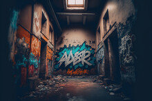 View Of Destroyed Wall With Graffiti In Abandoned Building, Generative Ai