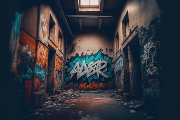 View of destroyed wall with graffiti in abandoned building, Generative Ai