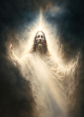 Wall Mural - Jesus Christ in Heaven surrounded by clouds and light. Ascension of Christ. Son of God our Lord saviour. AI Generative image