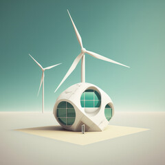 renewable energy background with wind turbines and solar panels in ecological house of future. gener