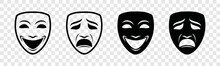 Theater Mask Icon Set. Masquerade Icon On Transparent Background. Drama Theater Mask Sign. Happy And Sad Mask Symbol With Line Or Outline And Flat Style For Apps And Websites, Vector Illustration