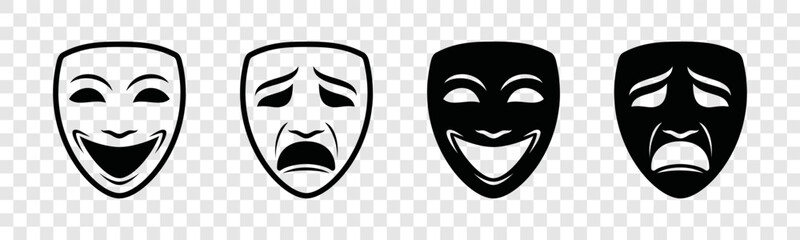 Theater mask icon set. Masquerade icon on transparent background. Drama theater mask sign. Happy and sad mask symbol with line or outline and flat style for apps and websites, vector illustration