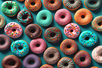 Wall Mural - Colorful donuts background. Vibrant color glazed doughnuts with sprinkles decoration top view, AI generative