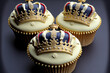 Platinum Jubilee Cupcakes with a Union Jack design. Although created to honor the Queen's Jubilee, the same image can also be used to honor King Charles III's Coronation in the UK. Generative AI