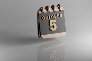 Aufkleber - Standing black and golden month lined desk calendar with date October 5. Modern design with golden elements, 3d rendering illustration. White ceramic reflection background...