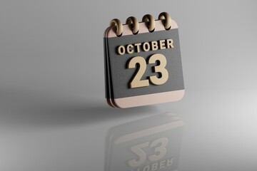 Aufkleber - Standing black and golden month lined desk calendar with date October 23. Modern design with golden elements, 3d rendering illustration. White ceramic reflection background...
