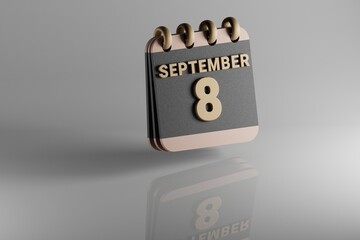 Aufkleber - Standing black and golden month lined desk calendar with date September 8. Modern design with golden elements, 3d rendering illustration. White ceramic reflection background...