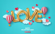 Valentin day concept poster. Vector illustration. Gold love font logo. Paper hearts, clouds, flying hot air balloon icons, blue romantic background. Cute banner, mother day voucher greeting card