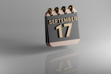 Poster - Standing black and golden month lined desk calendar with date September 17. Modern design with golden elements, 3d rendering illustration. White ceramic reflection background...