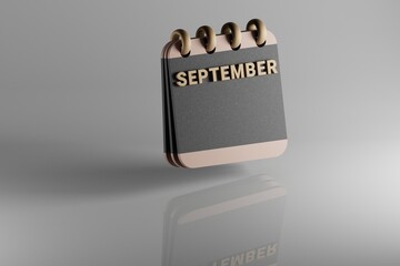 Poster - Standing black and golden month lined desk calendar with date September. Modern design with golden elements, 3d rendering illustration. White ceramic reflection background...