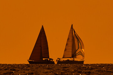 Wall Mural - Silhouette of a sailing boat in sunset sunrise time and ocean horizon.