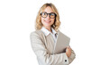 © muse studio - Business woman with glasses manager using office tablet, transparent background.
