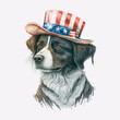 Happy 4th of July, dog wearing a cap with the American flag. Generative AI.