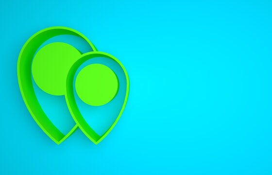 Green Map pin icon isolated on blue background. Navigation, pointer, location, map, gps, direction concept. Minimalism concept. 3D render illustration