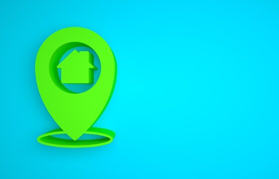 Green Map pointer with house icon isolated on blue background. Home location marker symbol. Minimalism concept. 3D render illustration