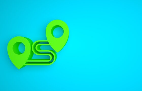 Green Route location icon isolated on blue background. Map pointer sign. Concept of path or road. GPS navigator. Minimalism concept. 3D render illustration
