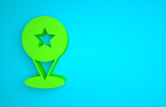 Green Map pointer with star icon isolated on blue background. Star favorite pin map icon. Map markers. Minimalism concept. 3D render illustration