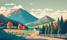 Vector Illustration Of A Rural Landscape Or Farm With Houses,  Mountains, Trees And Grass. Freehand Drawing Of A Sunny Summer Day In The Village.
