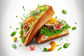 Wall Mural - Sandwich with French tacos on a white backdrop. Generative AI