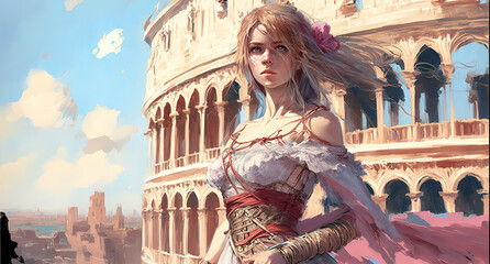 a beautiful medieval rome woman in front of a coliseum building, manga art, generative ai technology